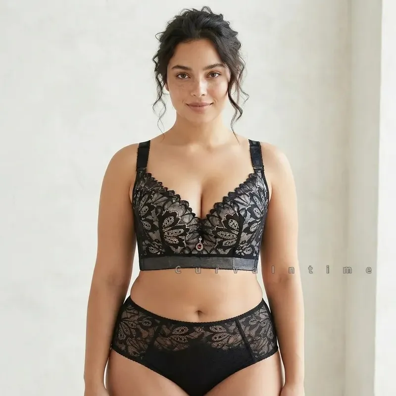 Women Plus Size Lace Bra Panty Set Underwire Full Cup Push Up Anti-Sagging Lingerie Suit Adjustable Wide Strap Large Bust Suppor