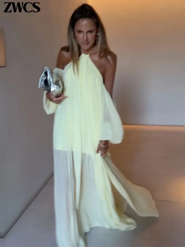 Sexy Halter Backless Party Gowns Women's Yellow Big Hem Off-shoulder Long Dresses 2026 Spring New Ladies Loose Beach Robes — image 2