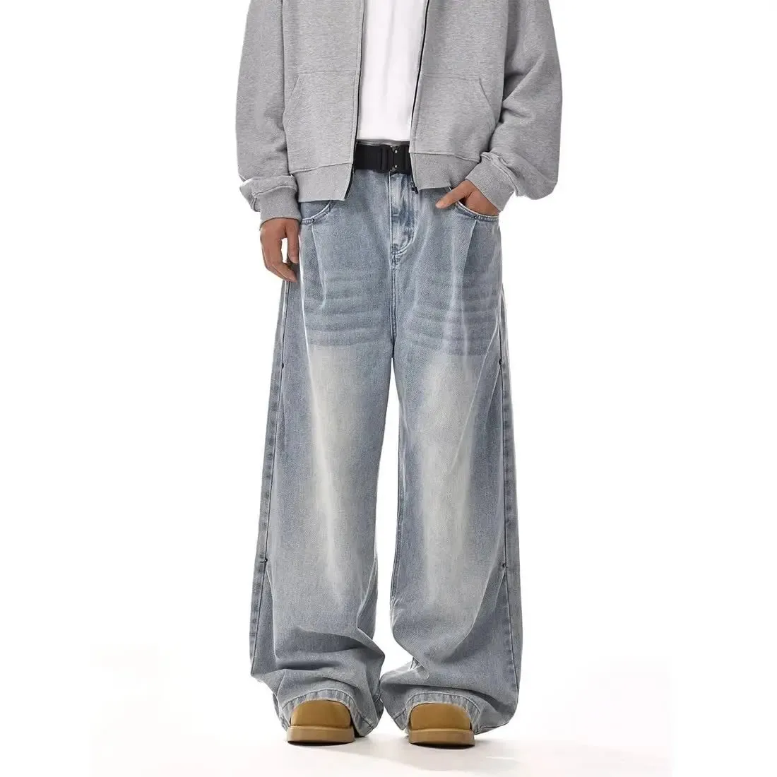 Mens Jeans Harajuku American Vintage Washed Cleanfit High Street Straight Loose Wide Leg Denim Pants Unisex Fashion Style New