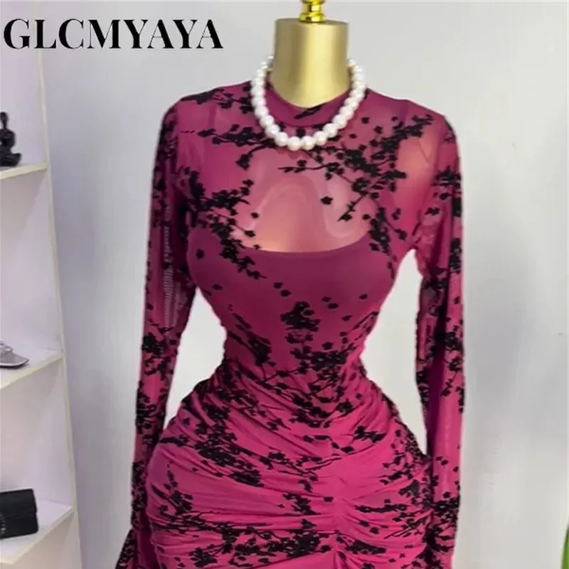 CM.YAYA 2025 Women Long Sleeve Ruched Mesh See Though with Lining Bodycon Long Dress Fall Evening Birthday Sexy Party Dresses — image 4