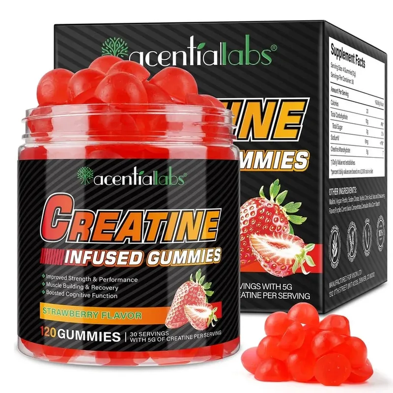 Acentilabs Creatine Monohydrate Gummies for Strength and Performance Muscle Building and Recovery Strawberry 120 Gummies