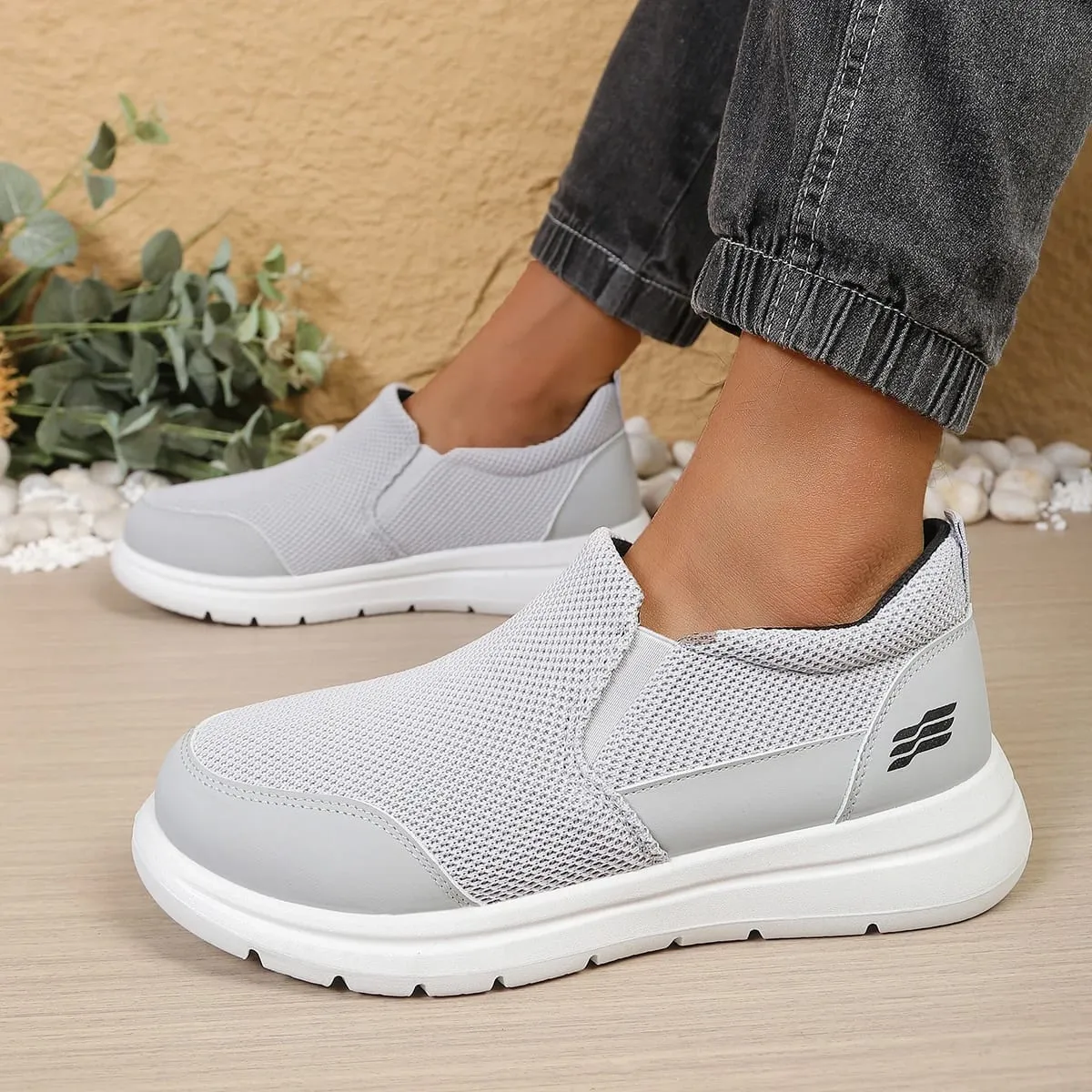 Men's slip-on hollow mesh walking loafers spliced smooth toe overlay dual elastic side gussets block segmented white outsole d — image 5