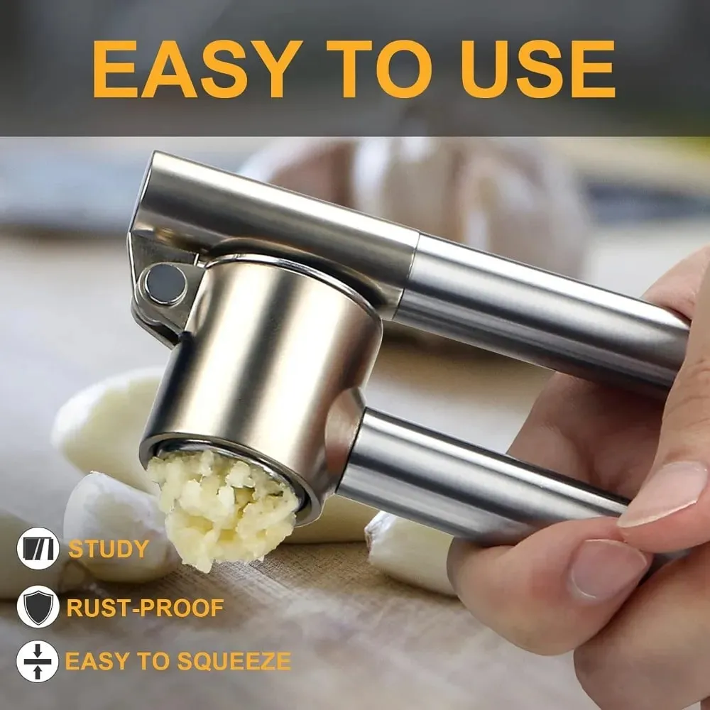 Stainless Steel Garlic Press Set - Manual Ginger Garlic Mincer Crusher Chopper Heavy Duty Easy Squeeze Rust Proof Easy Clean — image 4