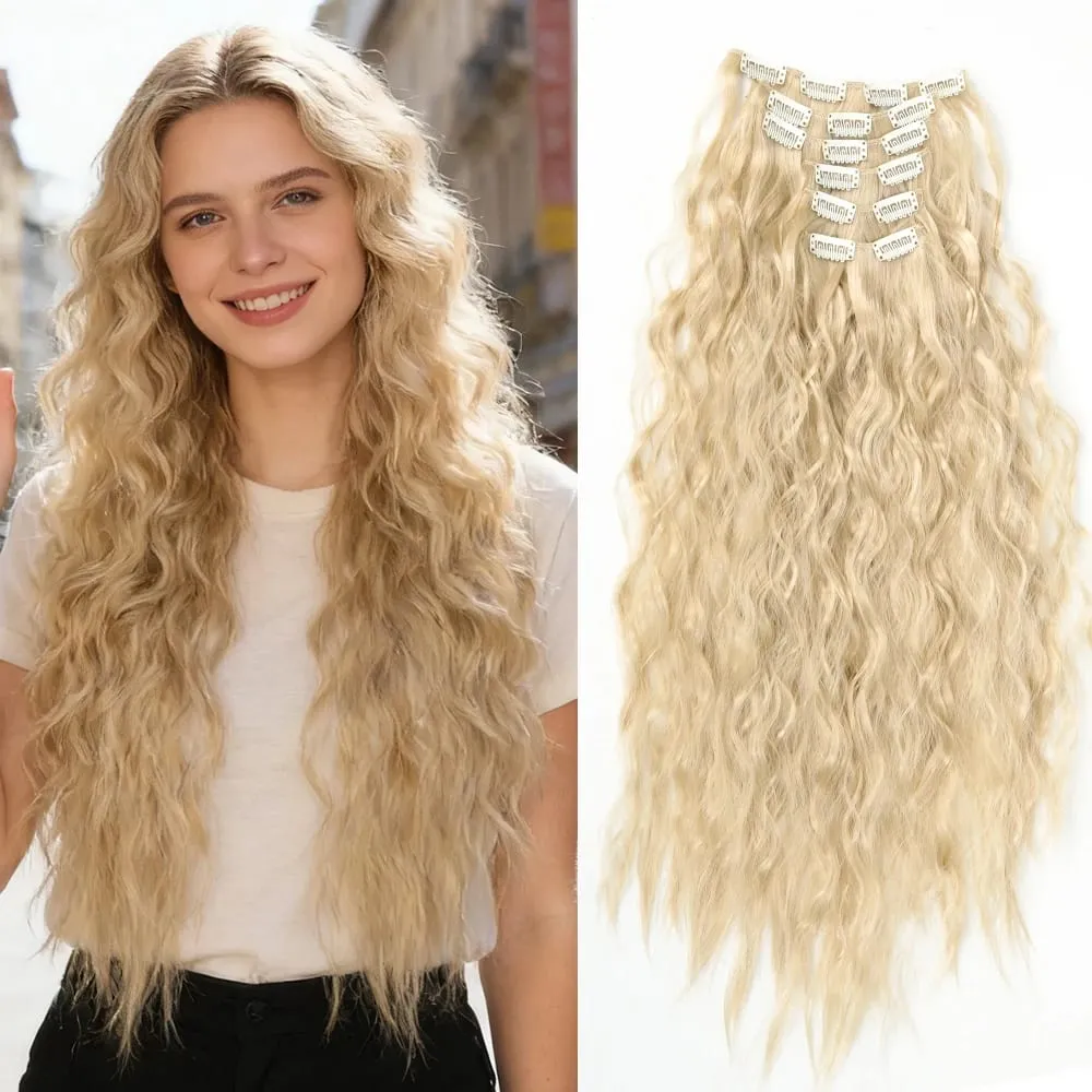 Synthetic Hair Extensions 16Clips In 6PCS Set Curly 24inch Long Clip On Hairpiece Corn Wavy Style For Women Girls Daily Party — image 2