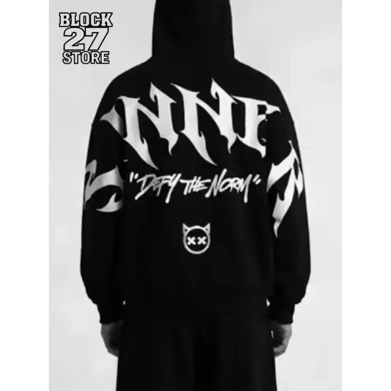 Herren Gothic Sinner Defy The Moon Print Übergroßer Kapuzenpullover Schwarz Streetwear Motorradfahren Lässiger Pullover Kapuzenpullover — image 3