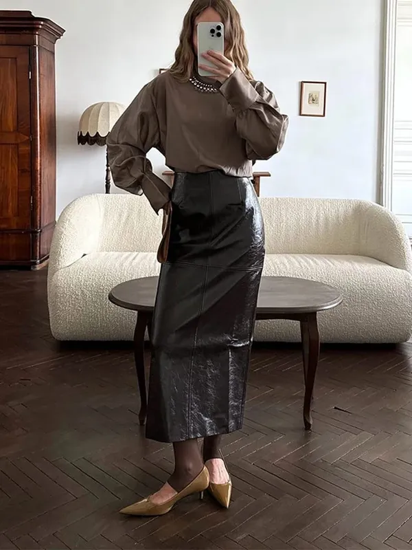 Vintage Green Leather Skirt Sets Women Fashion Solid Strapless Short Skirts Zipper Jacket Outfits Lady Daily Highstreet Outfit — image 13