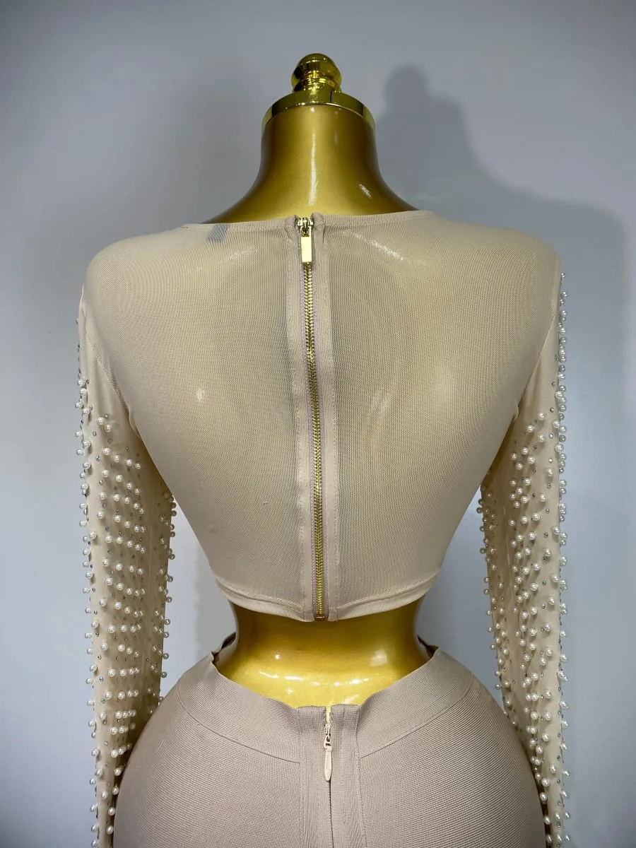 Vrouwen Sexy Lange Mouw Mesh Parel Top Celebrity Midi Vrouwen Bandage Set 2025 Designer Avondfeest Luxe Verjaardag Tweedelige Set — image 6