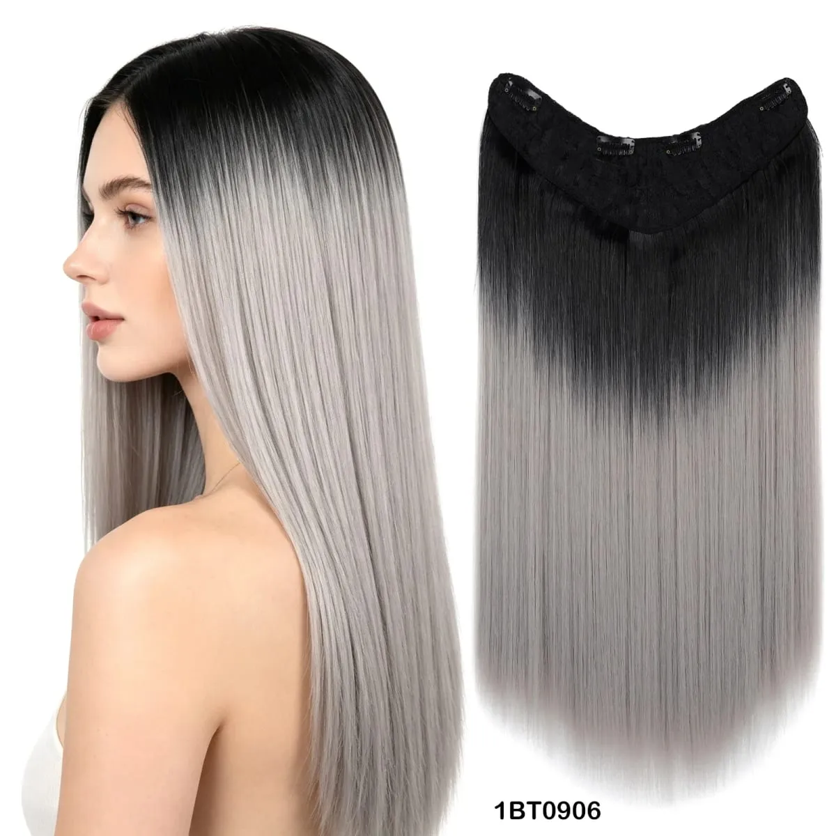 U Shaped One Piece Clip In Hair Extensions 4 Secure Clips Straight Ombre Synthetic Hairpiece 140g For Daily Party