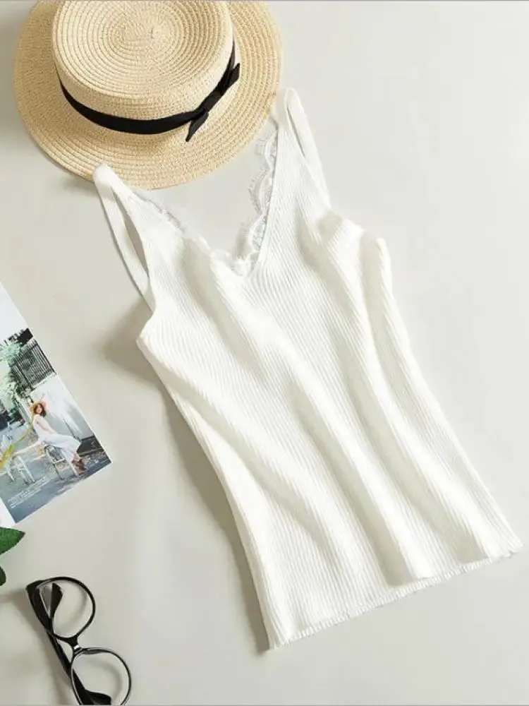 2026 Summer Casual Tops Solid Stitching V-neck Camis Women Hook Flower Lace Tank Female Knitted Short Slim Sleeveless Shirt — image 13