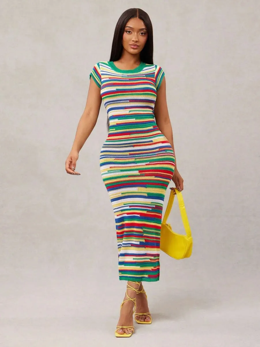Multi-color rainbow-striped knitted round-neck short-sleeved dress suitable for various daily outfits elegant and casual women