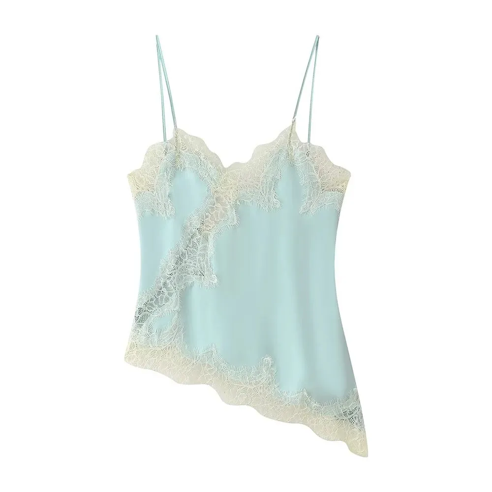 Women Sexy Satin Lace Trim Cami Tops Silk V Neck Spaghetti Strap Tanks Tops Y2k Coquette Loose Going Out Camisoles Streetwear — image 11