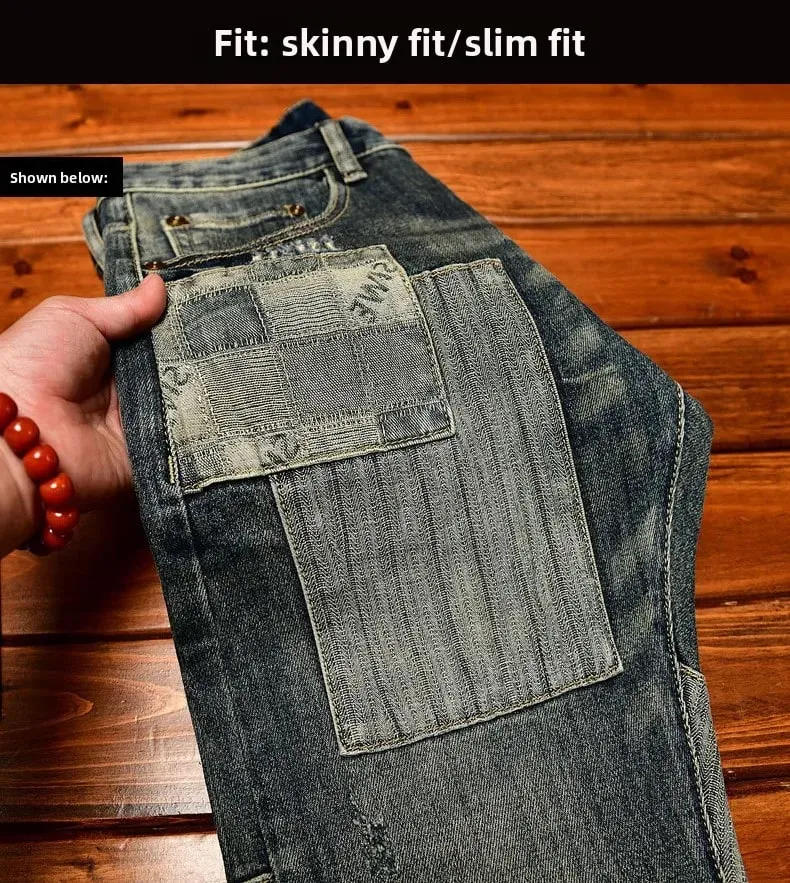 Retro and nostalgic patchwork design jeans for men trendy and fashionable street men's clothing slim fit small foot long pants — image 9