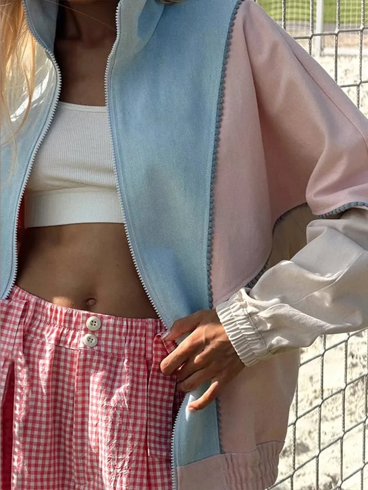 Polka Dot Cropped Windbreaker Jacket Contrast Pink Seam Piping Side Pockets Loose Outerwear 2026 Autumn Street Daily Lady Coat — image 7