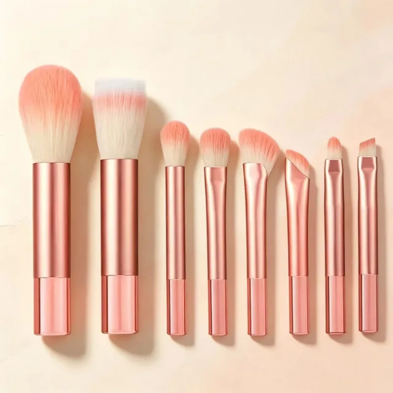 8 pieces of orange mini portable travel makeup brushes - powder brushes eyeshadow brushes and highlighter brushes