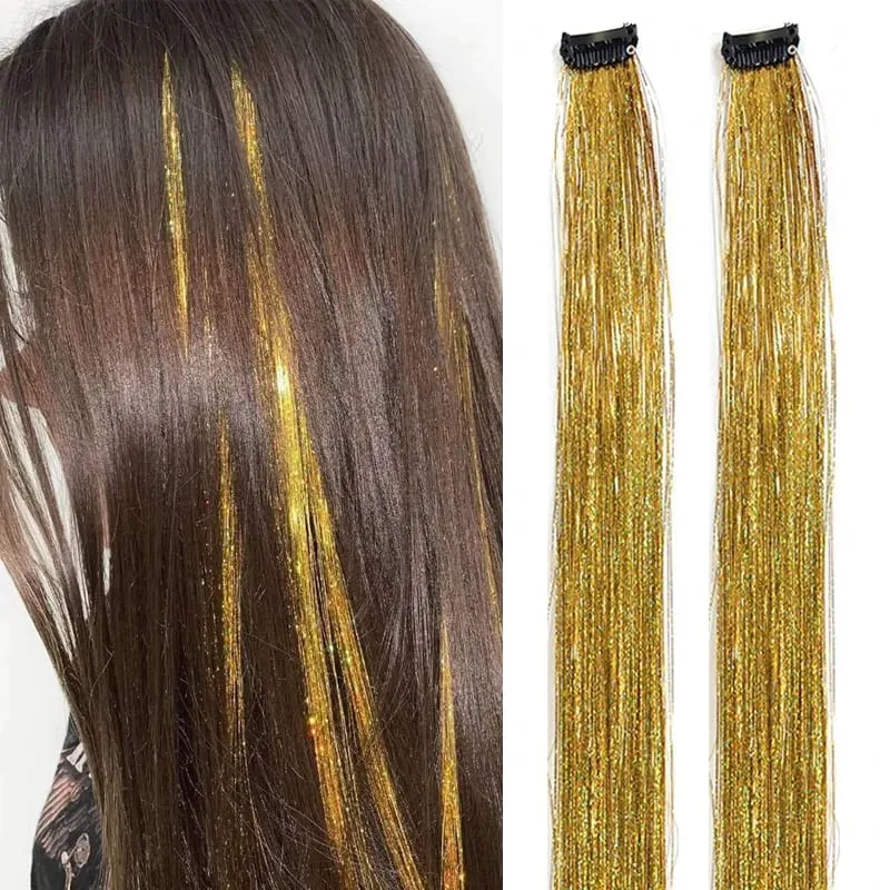 2PCS Synthetic Hair Tinsel Clip in Extensions Colored Sparkle Hair Tinsel Kit with BB Clip for Kids Girls Christmas Party Use — image 10
