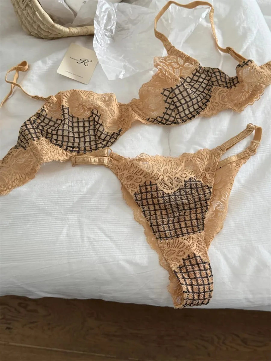 Bra lattice embroidery mesh underwear women small fresh top lingerie with panties support large breasts show small bra set — image 2