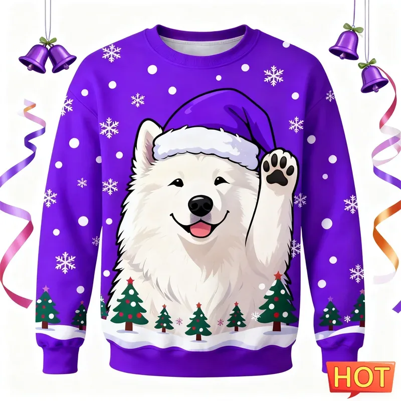 Cute Samoyed Graphic Ugly Christmas Sweater Fashion Holiday Wear Dog 3D Printed Sweatshirts Casual Oversized Unisex Pullovers — image 3