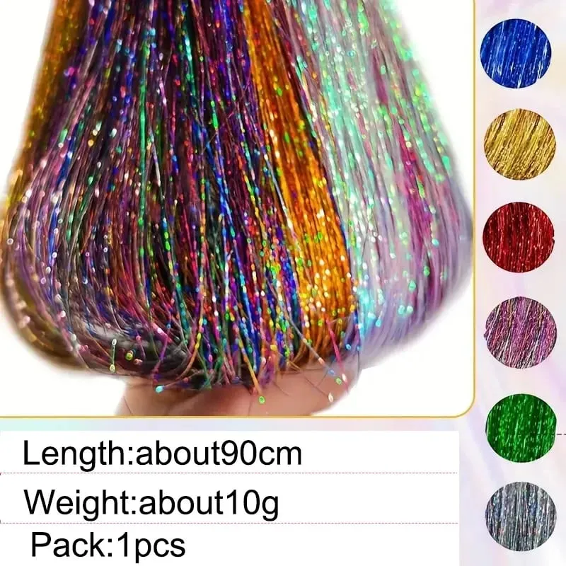 90cm Synthetic 3pcs/set Rainbow Colored Shiny Hair Laser Tinsel Long Straight Heat-Resistant Fairy Hair Extensions Party Daily — image 3