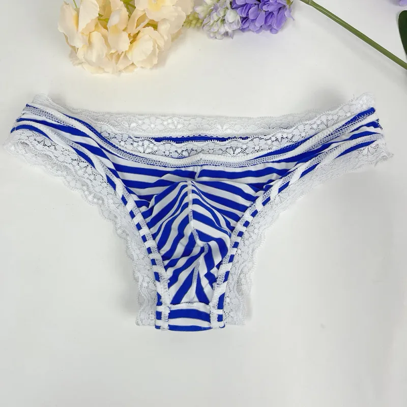 Men Lace Trim Striped G-string Underwear Half-covered Butt Low-rise Pantie Thong Half Hip Men Briefs Mens Sexy Underwear — image 12