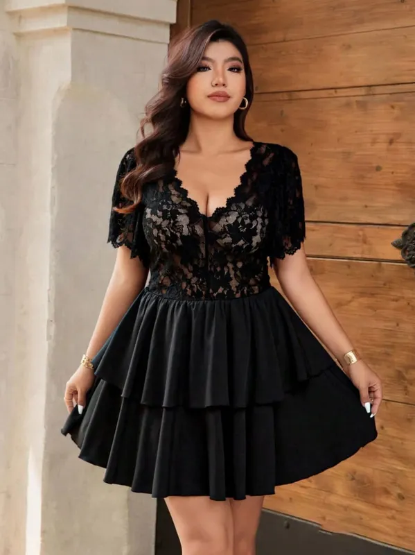 Elegant Lace Hollow Patchwork Cake Dress Plus Size Women's Dress Summer Vintage Ruffle Hem Party Evening Gown
