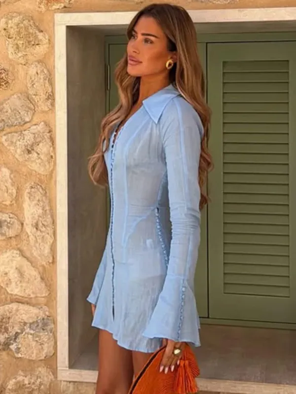 White Polka Dot Slim Fit Dress Women Solid Deep V-neck Puff Sleeves Pleated Front Button Short Dresses 2026 Lady Daily Wear New — image 11