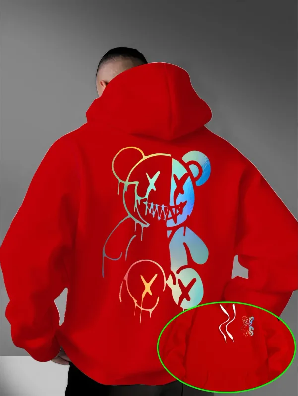 Loose Oversized Men Hoodies Holographic Split Evil Bear Front Back Dual Print Pullover Sweatshirt Dark Street Daily Hooded Tops — image 5