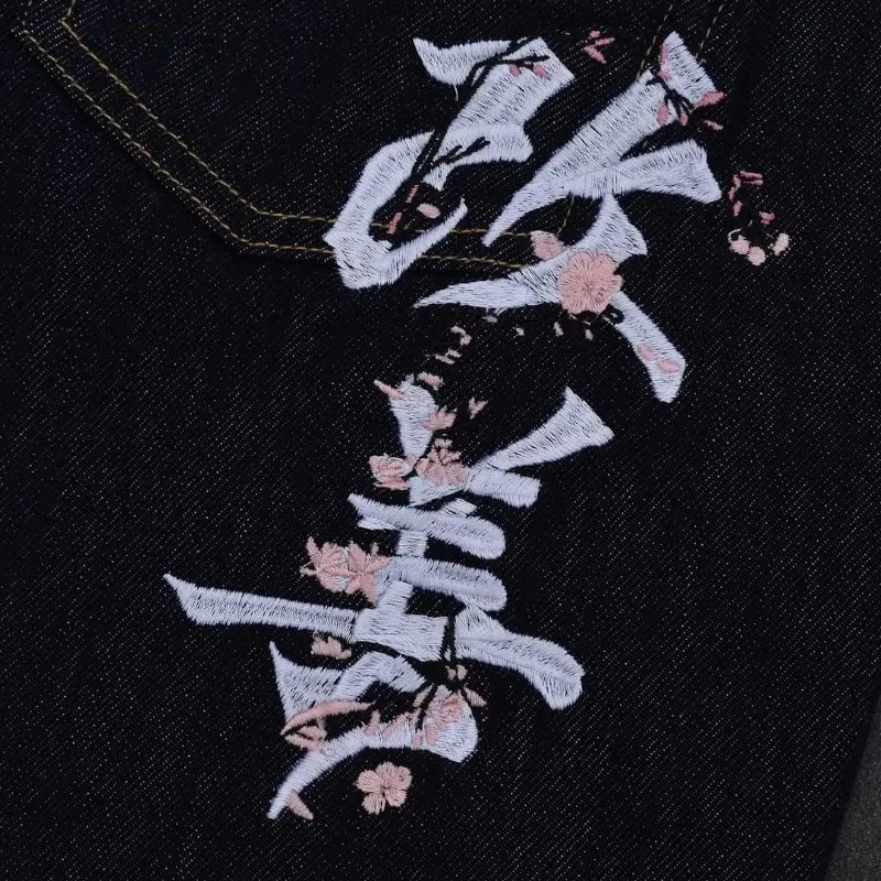 hip hop unisex woven Fromszn raw baggy jeans Y2K retro art font embroidery black jeans Harajuku washed patchwork wide leg pants — image 3