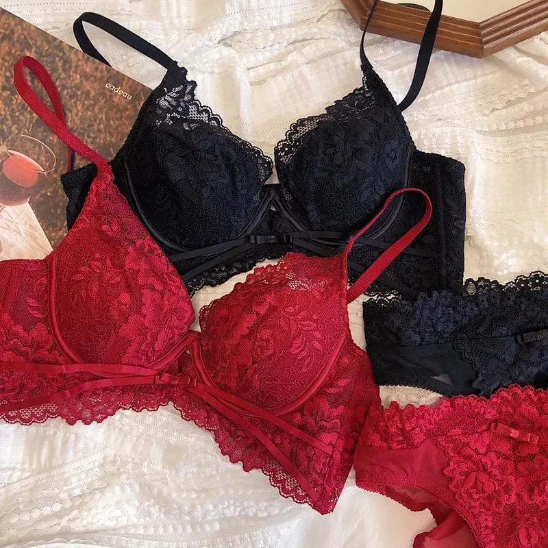 여름 Underwie 얇은 컵 여성 속옷 섹시 할로우 푸시 업 브래지어 세트 프랑스어 레이스 자수 편안한 Bralette 란제리 세트 — image 5