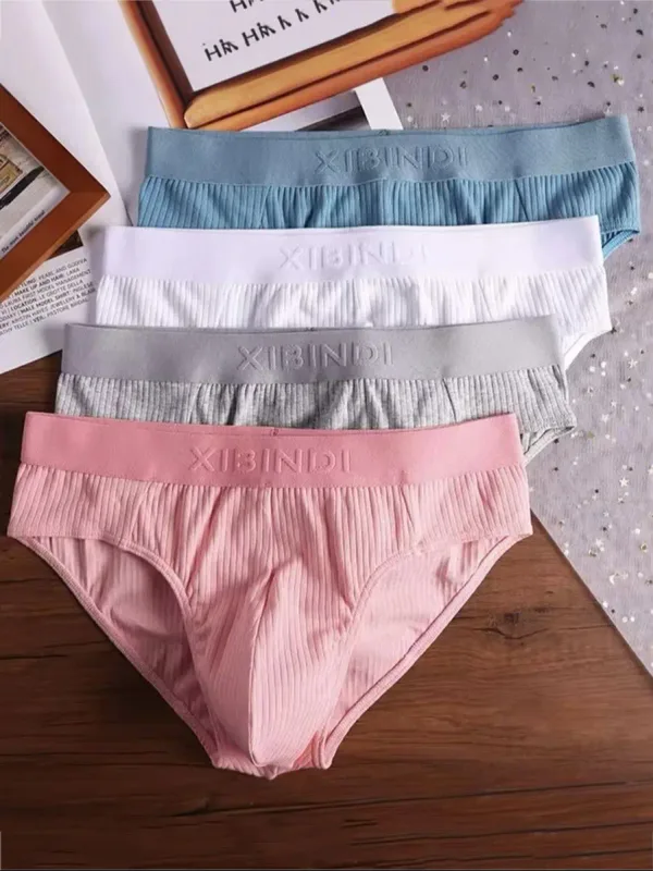4-Piece Men's Cotton Ribbed Briefs Set - "XIBINDI" Embossed Waistband Underwear (Blue/White/Gray/Pink) — image 2