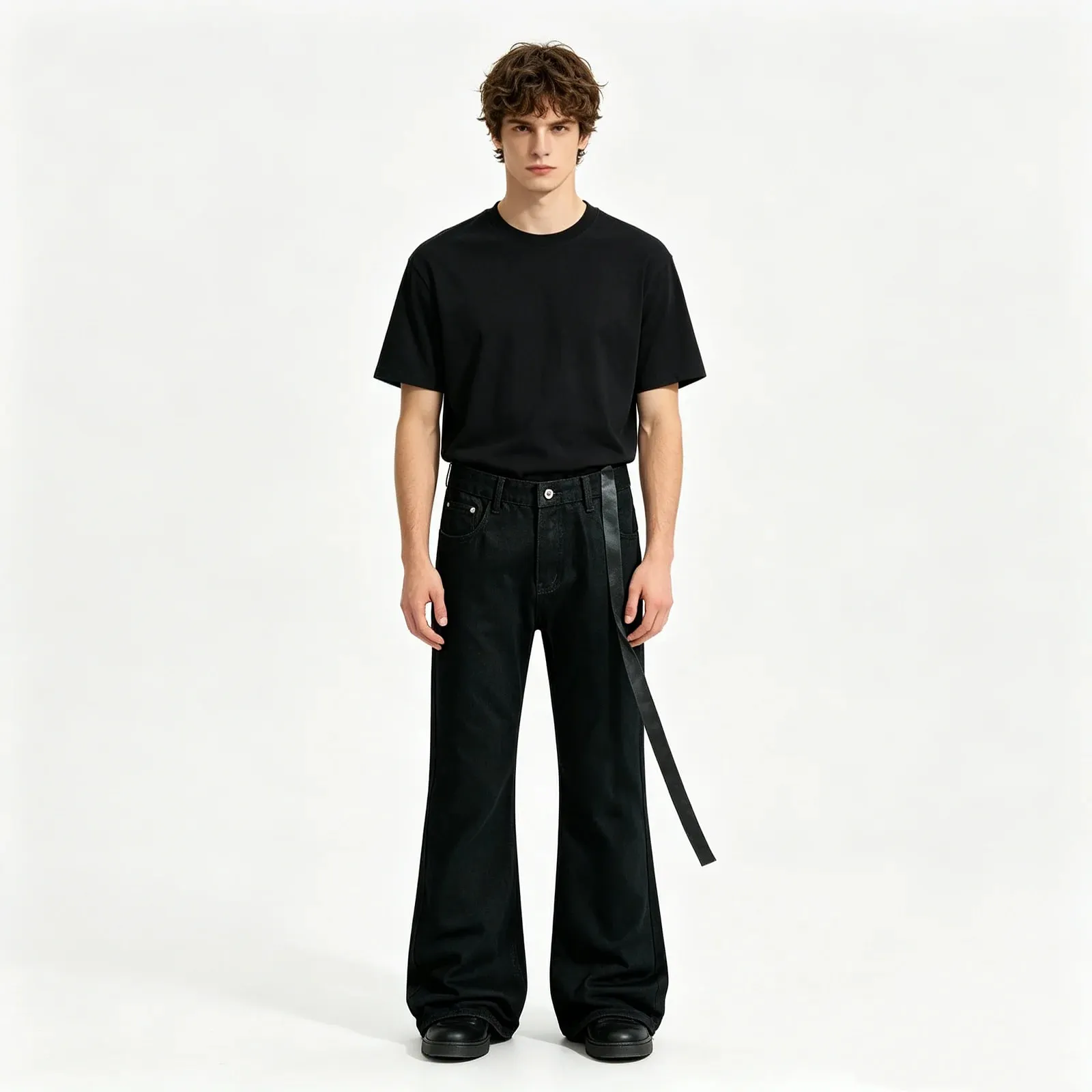 Vintage Washed Black Slim Fit Flare Jeans Long Ribbon Y2k Streetwear Casual Skinny Bell Bottom Jeans Distressed Fashionable — image 4