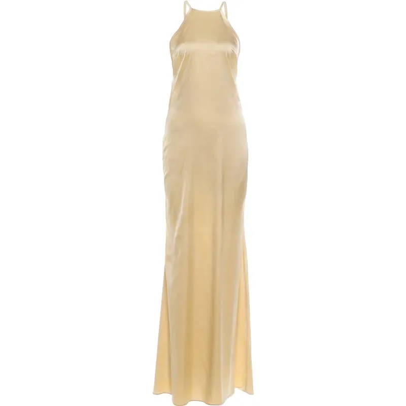 Nibber Abito senza maniche in raso con scollo all'americana Donna Fibbia in metallo Elegante patchwork Moda classica festa da sera senza schienale lungo aderente