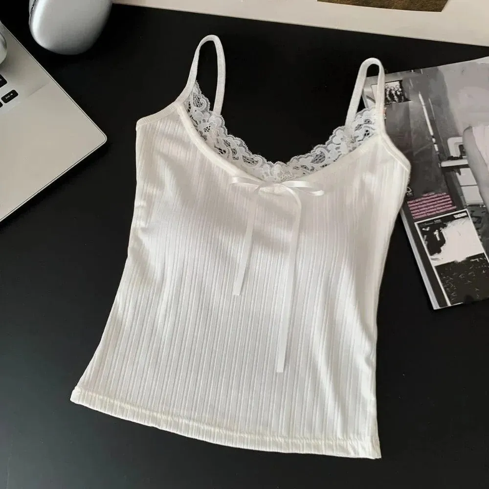 Waist-cinching Sleeveless Slim Lace Crop Top Y2k Solid Color Camisole with Pads Bottoming Shirt Sweet Lace Patchwork Vest Lady — image 10