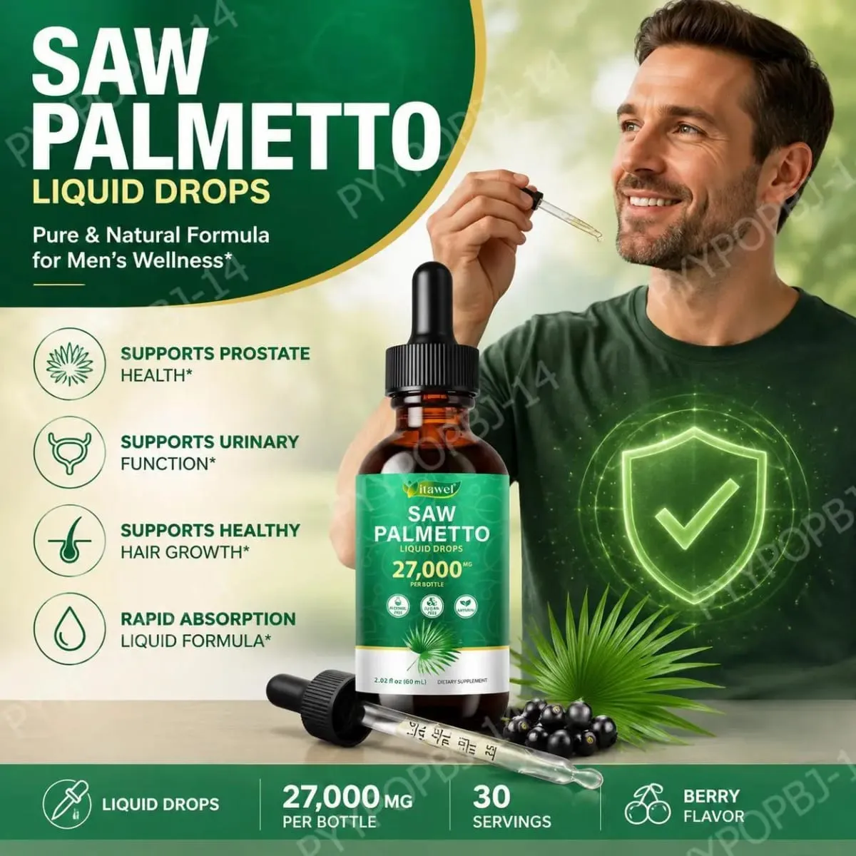 Itawel Saw Palmetto Liquid Drops Prostate Health Support Urinary Function Support GMO Free Paraben Free Sugar Free Vegan 60 ML — image 1