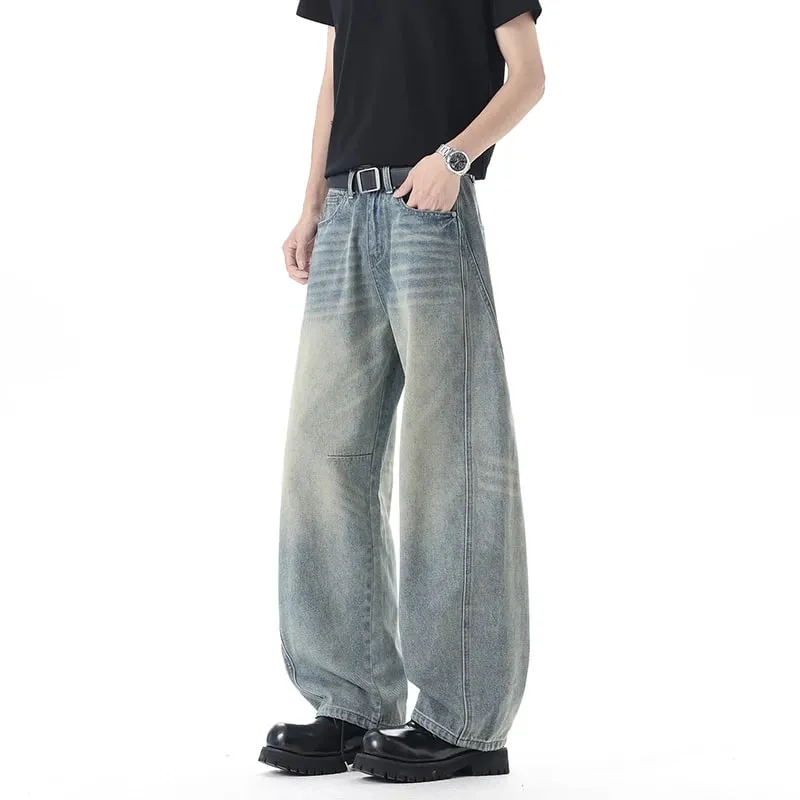 Men 2026 New American Curved Cut Jeans Fall Winter High Street Washed Whiskering Wide Leg Vintage Loose Denim Trousers