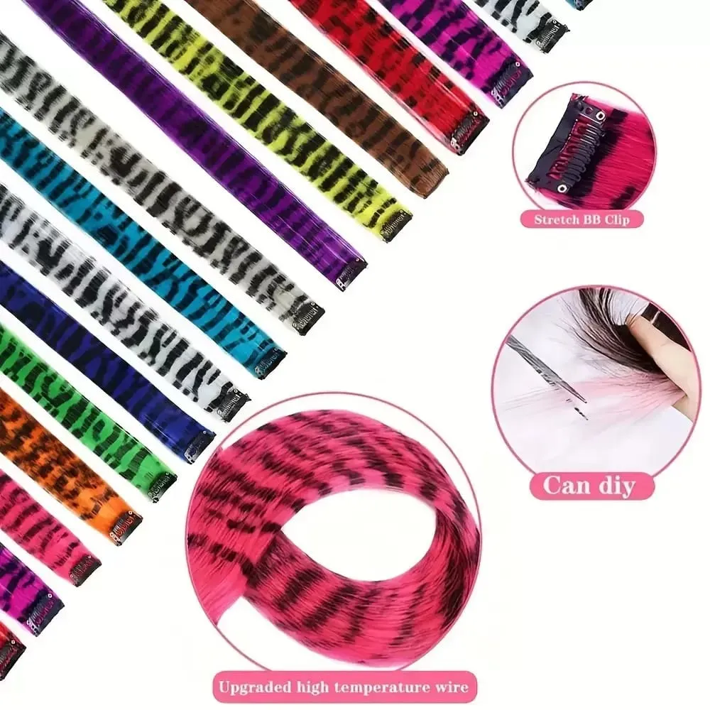 3pcs/set Stripe Printed Hair Colorful Long Straight Hair Pieces Synthetic Clip-in Hair Extensions for Daily Use Party Halloween — image 4