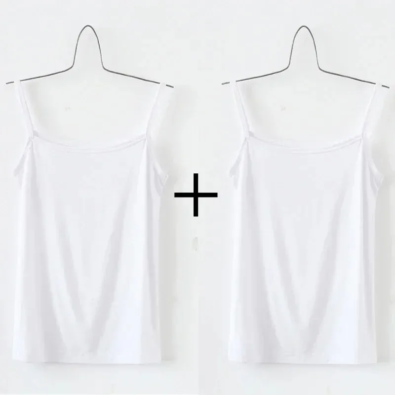 Women's Solid Color Spaghetti Straps Sleeveless Slim Camisole with Chest Pad Cotton Summer Wear Outside Female Short Tops Vests — image 12