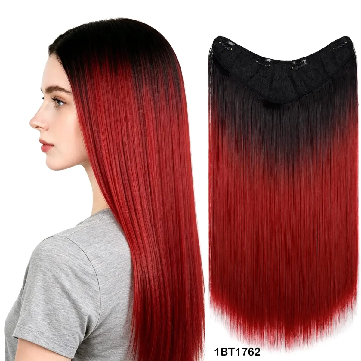 U Shaped One Piece Clip In Hair Extensions 4 Secure Clips Straight Ombre Synthetic Hairpiece 140g For Daily Party