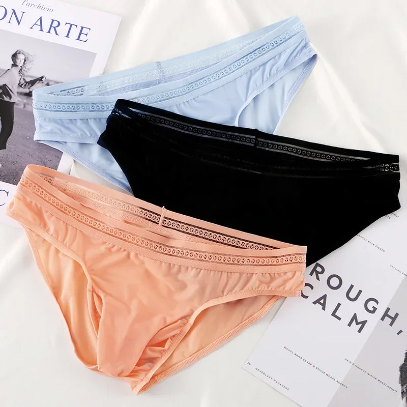1/3PCS Men's Ice Silk Briefs Ultra-thin Quick Dry High Elastic Lace Waistband Panties Sexy Seamless Breathable Bikini Underwear — image 3