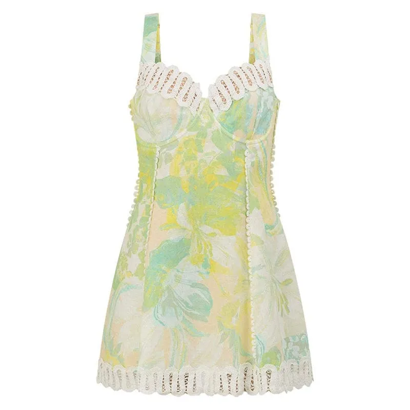 Summer New Sleeveless High Waist A-line Dress Lady Elegant Pleated Beach Party Short Dress Casual Printed Lace Halter Mini Dress — image 5