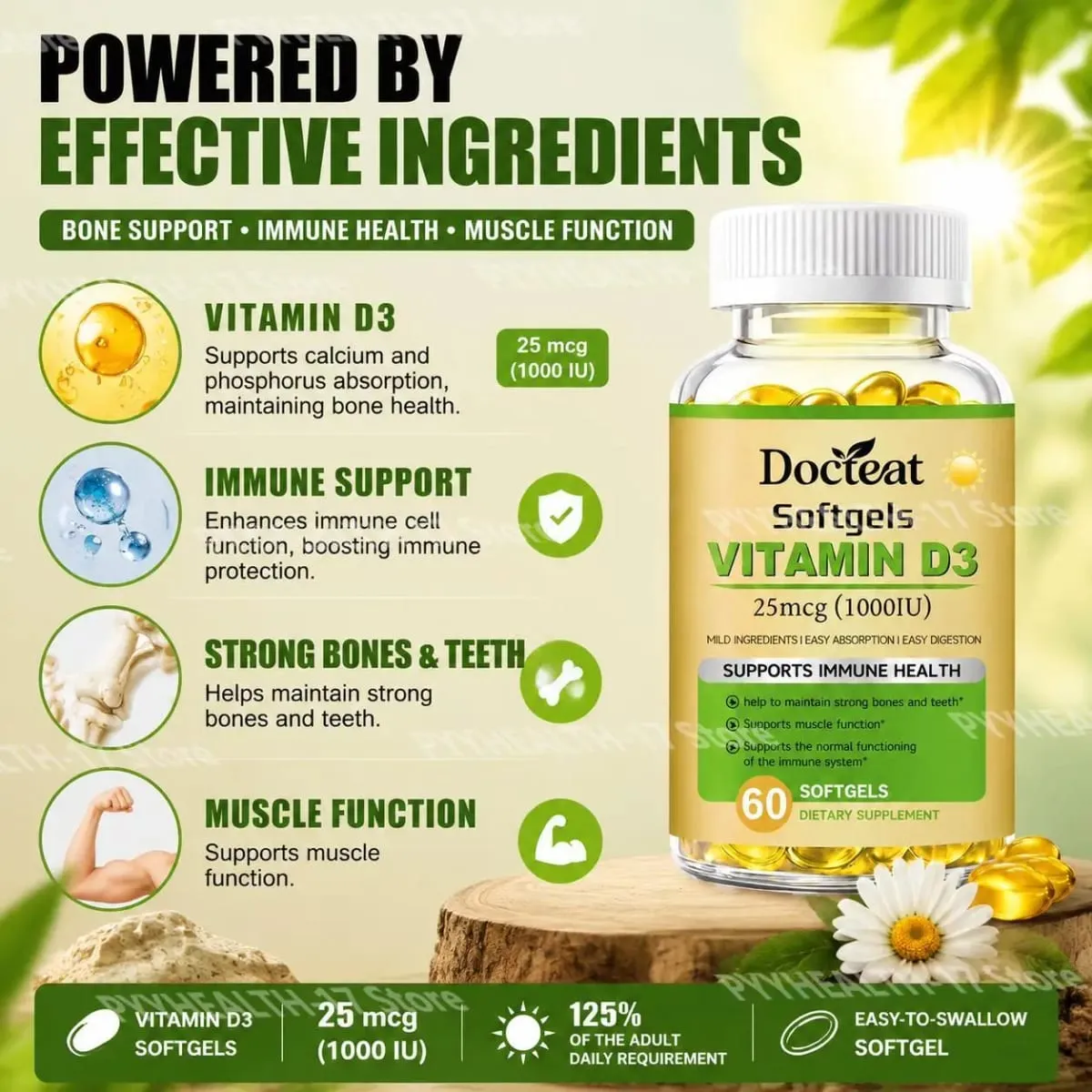 Docteat Vitamin D3 Softgels Supports Immune Health Helps Maintain Bones and Teeth for Adult Daily Requirement 60 Softgels — image 2