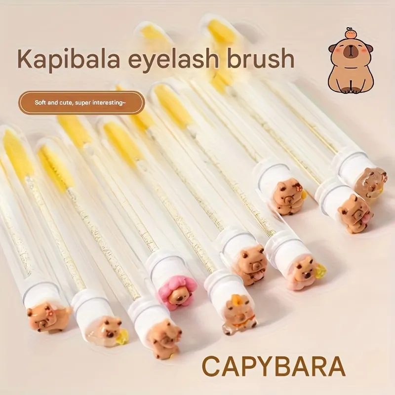 10pcs per pack Eyelash Extension Brushes -Cute Kapibara Design Oval Shape-Reusable Nylon Bristle Heads with ABS Plastic Handles — image 2