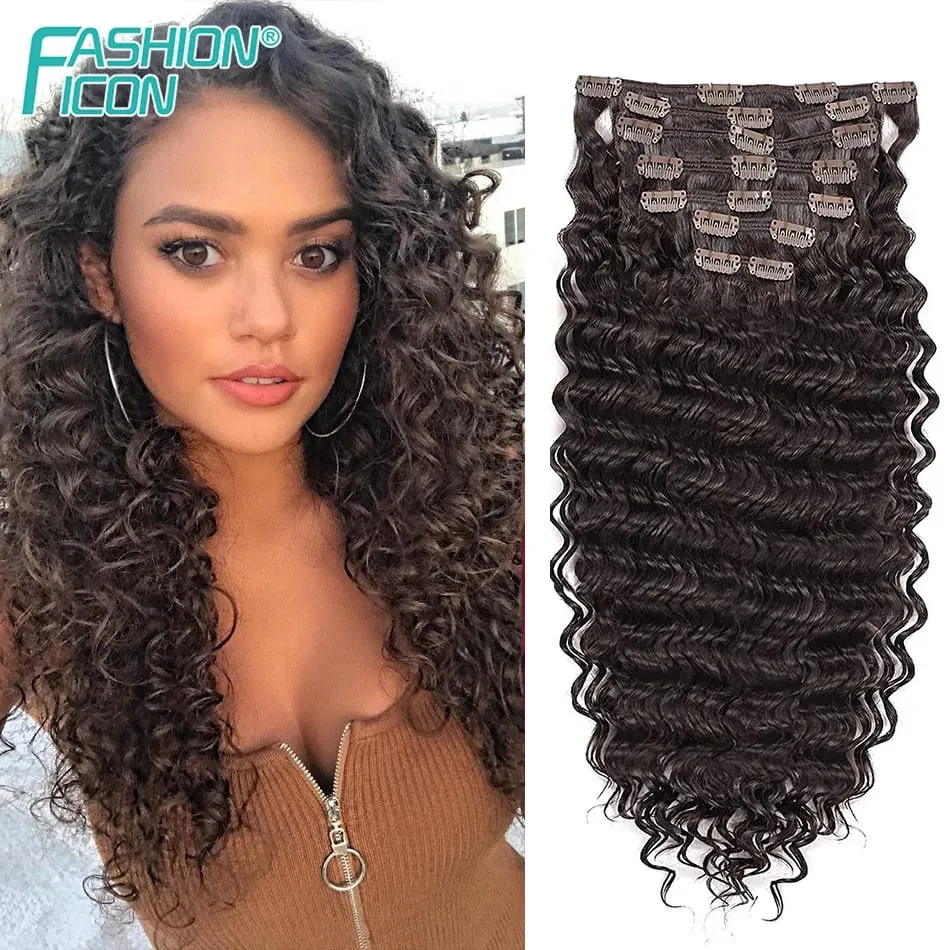 24 Inch Deep Wave Clip In Hair Extensions Synthetic Ombre 7Pc/140g Full Head Curly Hairpieces Heat Resistant Fake Hair for Women — image 12