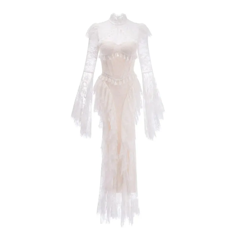 Summer Stand Collar Lace Tassel Hollow Out Flare Sleeve Dress Women Boned Waist Tiered Mermaid Dresses New 3A2709 — image 7