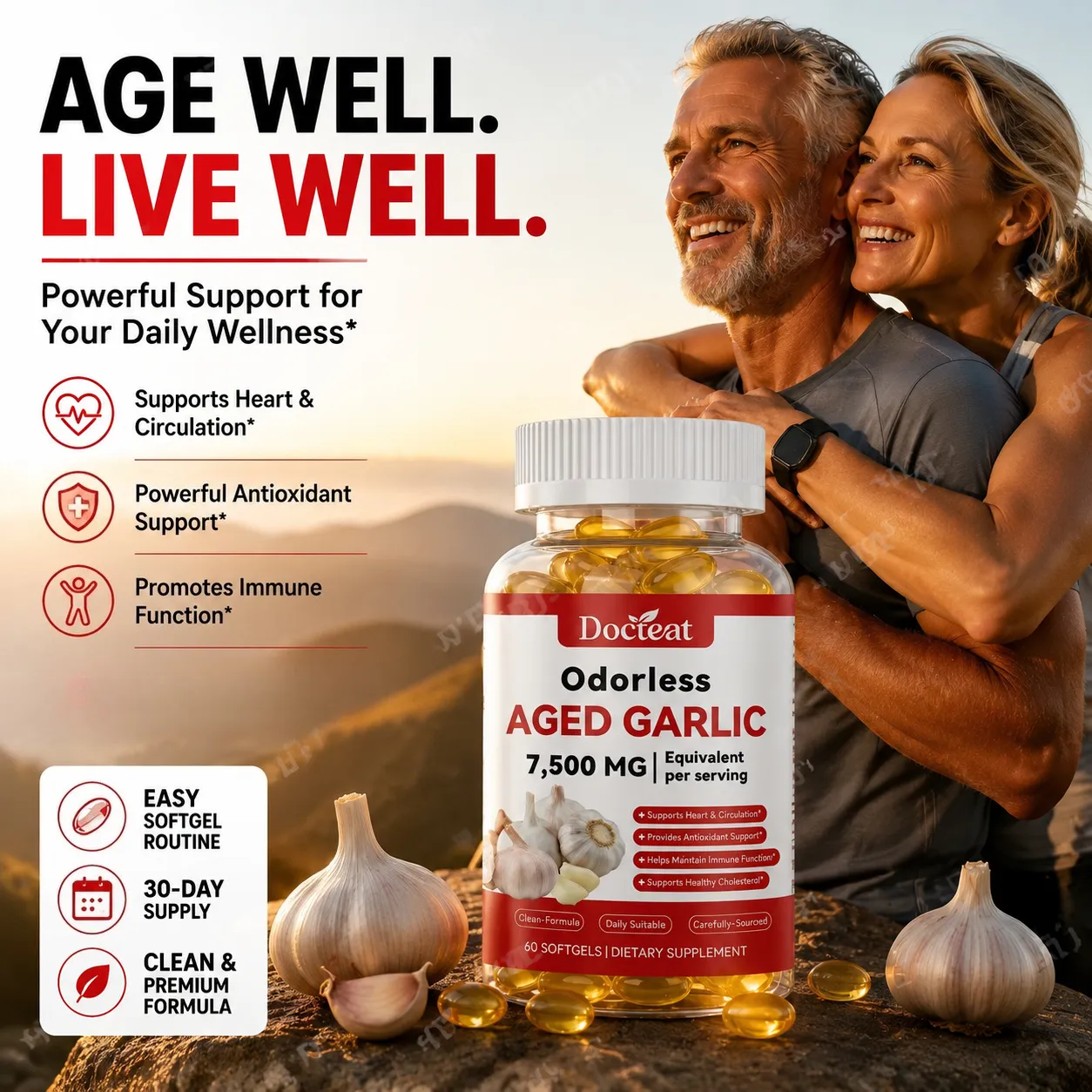 Odorless Aged Garlic Extract 7500mg Equivalent 60 Softgels - Immune Support Heart Health Antioxidant Supplement for Adults — image 1