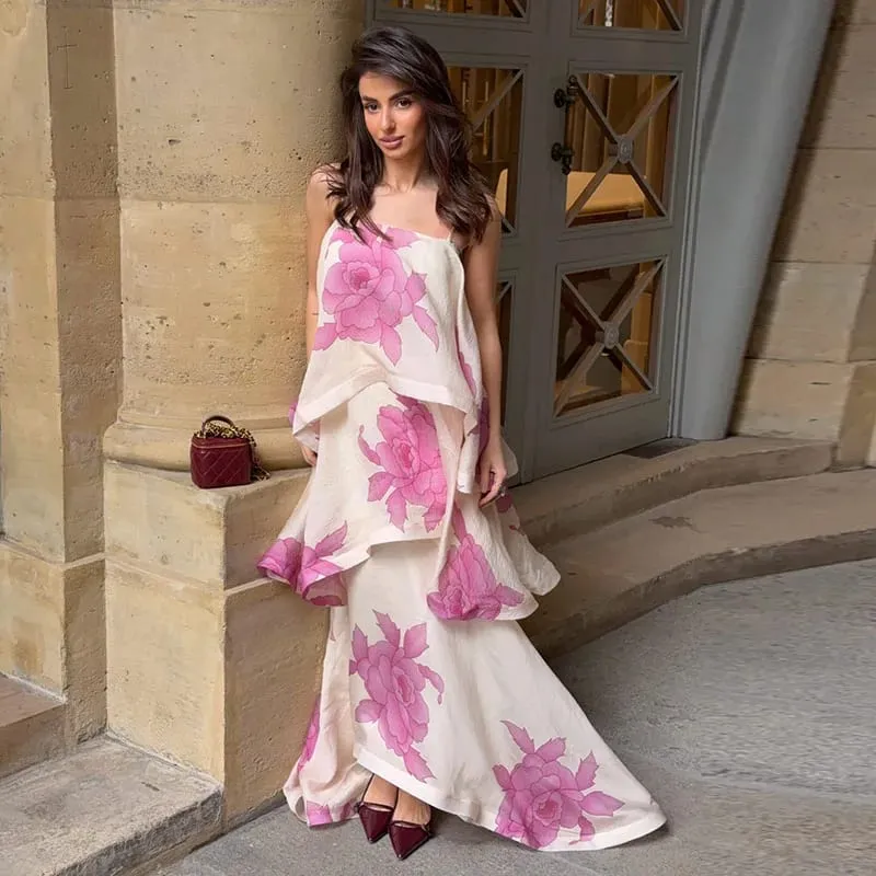 Women Printed V Neck Long Dress Flared Sleeve Lotus Leaf Edge High Waist Slim Fit Maxi Dresses Lady Elegant Evening Party Dress — image 8