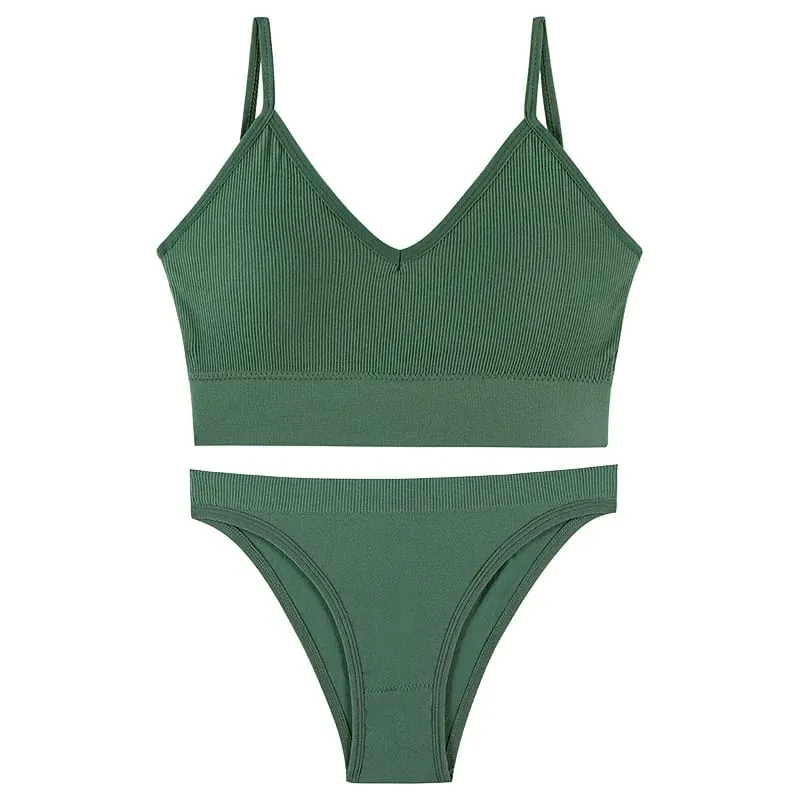 Women Seamless Ribbed Bra Set Wireless Deep V Bralette Top Panties Two Piece Lingerie Set Sport Fitness Underwear — image 6