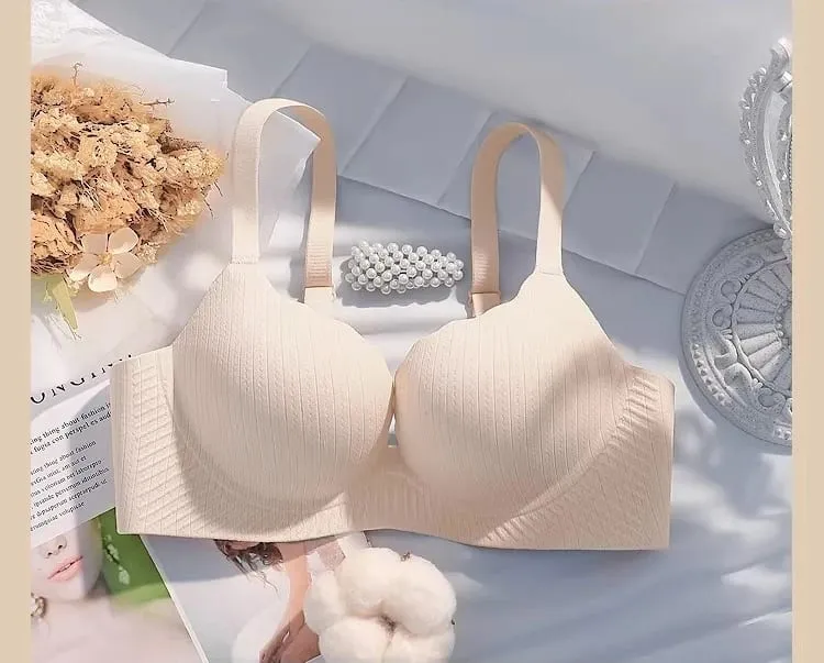 New Women Thick Padded Wirefree Bra Set Seamless Solid Color Comfort Gathering Lingerie Push Up Effect Designed for Smaller Bust — image 8