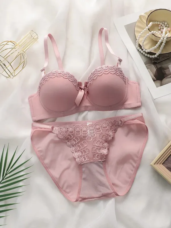 Women's Pink Lace Bra and Panty Set Push Up Underwire Bow Detail Lingerie 2026 — image 10