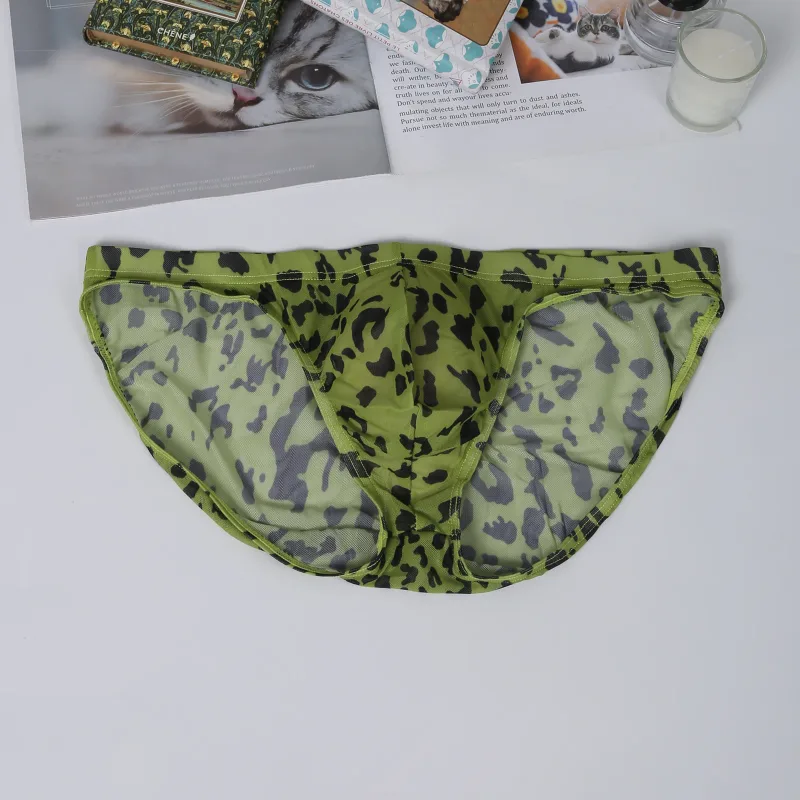 Men Sexy Briefs Underwear Mesh Sheer Ultra-Thin Underpants Big Penis Pouch See Through Panties Leopard Bikini