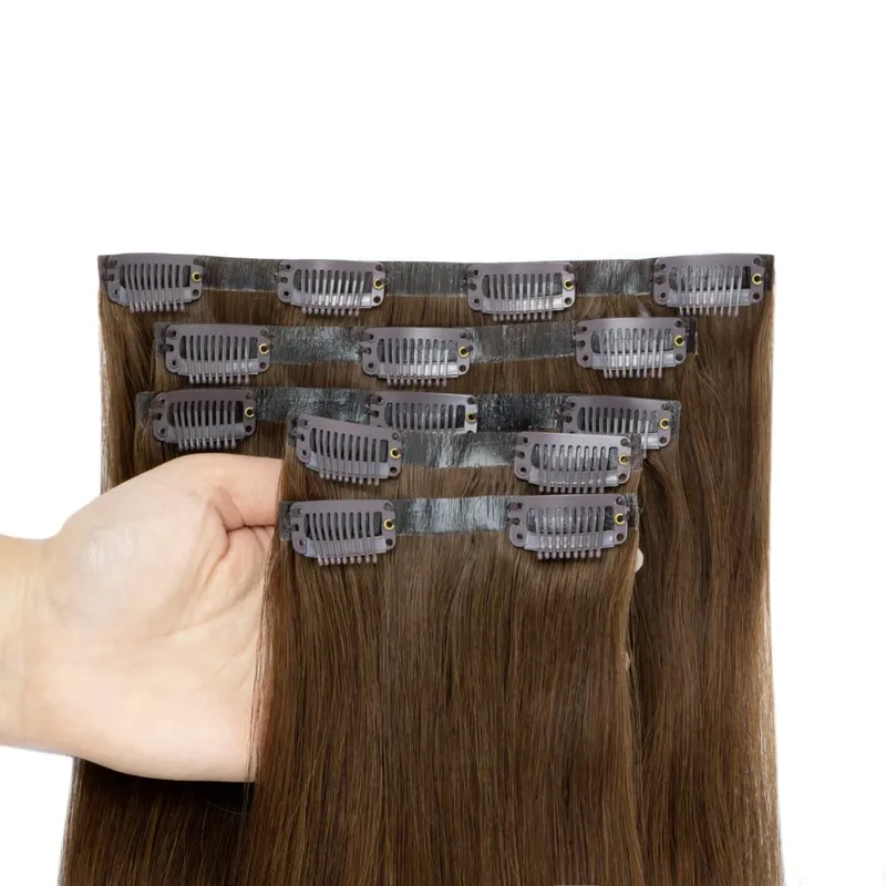 PU Seamless Clip In Hair Extensions Real Natural Invisible PU Tape Weft Clip Ins Machine Remy 12-24inch Invisible Clip Ins 7PCS